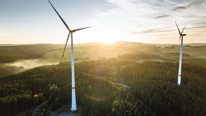 two wind turbines in a forested landscape, surrounded by trees and a distant village, under a warm sunlit sky